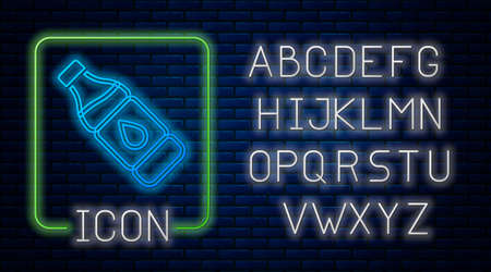 Glowing neon Bottle of water icon isolated on brick wall background. Soda aqua drink sign. Neon light alphabet. Vectorのイラスト素材