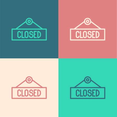 Pop art line Hanging sign with text Closed icon isolated on color background. Business theme for cafe or restaurant. Vector Illustrationのイラスト素材
