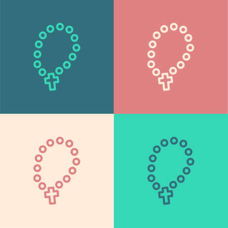 Pop art line Rosary beads religion icon isolated on color background. Vectorのイラスト素材