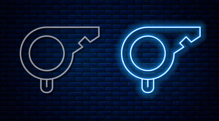 Glowing neon line Whistle icon isolated on brick wall background. Referee symbol. Fitness and sport sign. Vectorのイラスト素材