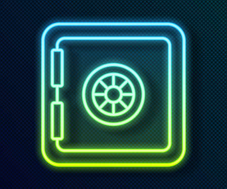 Glowing neon line Safe icon isolated on black background. The door safe a bank vault with a combination lock. Reliable Data Protection. Vector.のイラスト素材