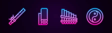 Set line Bamboo flute indian, Indian textile fabric, Pan and Yin Yang. Glowing neon icon. Vectorのイラスト素材