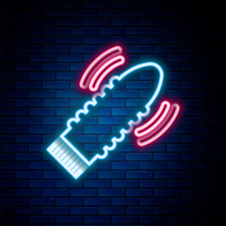 Glowing neon line Dildo vibrator for sex games icon isolated on brick wall background. Sex toy for adult. Colorful outline concept. Vectorのイラスト素材
