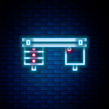 Glowing neon line Office desk icon isolated on brick wall background. Colorful outline concept. Vectorのイラスト素材