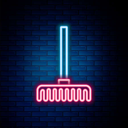 Glowing neon line Garden rake icon isolated on brick wall background. Tool for horticulture, agriculture, farming. Ground cultivator. Colorful outline concept. Vectorのイラスト素材