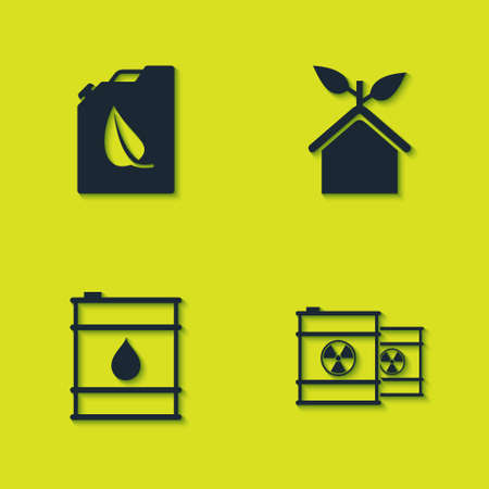 Set Bio fuel canister, Radioactive waste in barrel, Oil and Eco friendly house icon. Vectorのイラスト素材