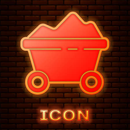 Glowing neon Coal mine trolley icon isolated on brick wall background. Factory coal mine trolley. Vector Illustrationのイラスト素材