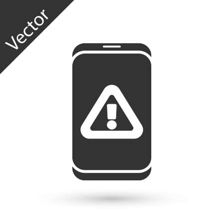 Grey Mobile phone with exclamation mark icon isolated on white background. Alert message smartphone notification. Vectorのイラスト素材