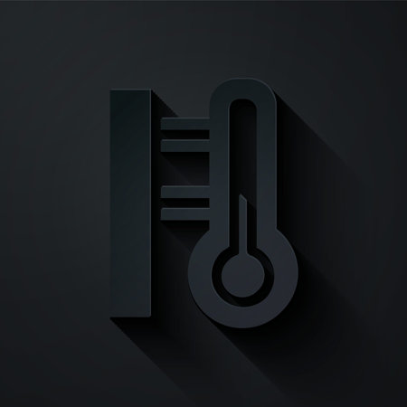 Paper cut Meteorology thermometer measuring icon isolated on black background. Thermometer equipment...