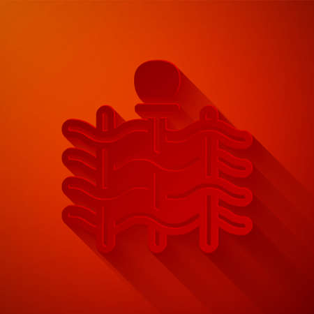 Paper cut Wicker fence of thin rods with old clay jars icon isolated on red background. Paper art style. Vectorのイラスト素材