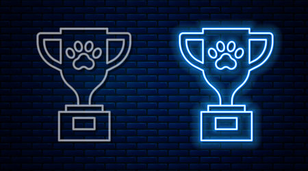 Glowing neon line Pet award symbol icon isolated on brick wall background. Medal with dog footprint as pets exhibition winner concept. Vectorのイラスト素材