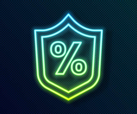 Glowing neon line Loan percent icon isolated on black background. Protection shield sign. Credit percentage symbol. Vectorのイラスト素材