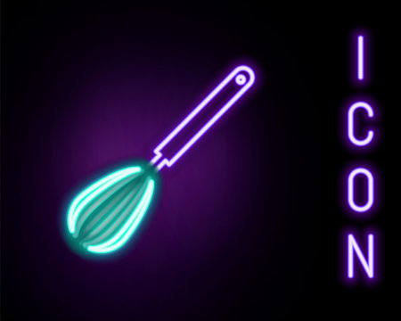 Glowing neon line Kitchen whisk icon isolated on black background. Cooking utensil, egg beater. Cutlery sign. Food mix symbol. Colorful outline concept. Vectorのイラスト素材