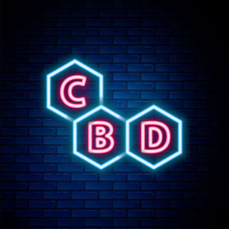 Glowing neon line Cannabis molecule icon isolated on brick wall background. Cannabidiol molecular structures, THC and CBD formula. Marijuana sign. Colorful outline concept. Vectorのイラスト素材