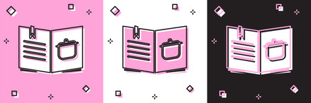 Set Cookbook icon isolated on pink and white, black background. Cooking book icon. Recipe book. Fork...
