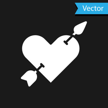 White Amour symbol with heart and arrow icon isolated on black background. Love sign. Valentines symbol. Vectorのイラスト素材