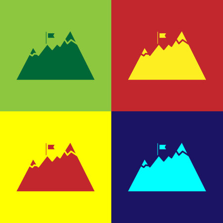 Pop art Mountains with flag on top icon isolated on color background. Symbol of victory or success concept. Goal achievement. Vectorのイラスト素材