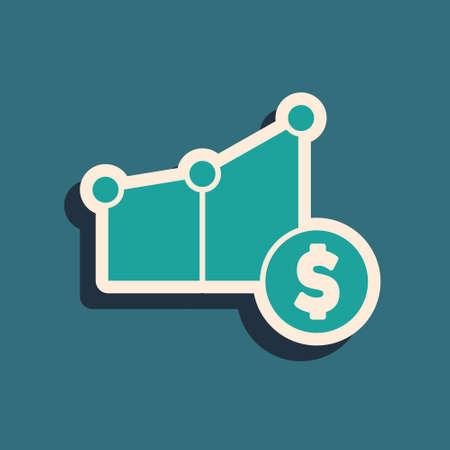 Green Pie chart infographic and dollar symbol icon isolated on green background. Diagram chart sign. Long shadow style. Vectorのイラスト素材
