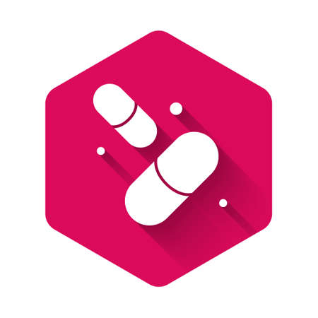 White Vitamin complex of pill capsule icon isolated with long shadow background. Healthy lifestyle. Pink hexagon button. Vectorのイラスト素材