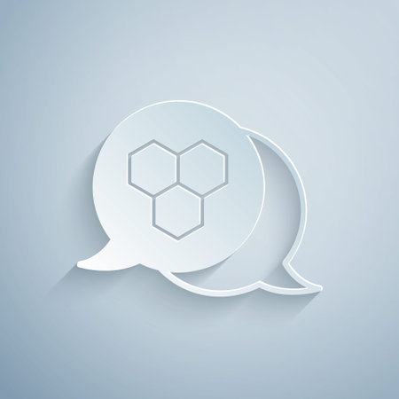 Paper cut Honeycomb icon isolated on grey background. Honey cells symbol. Sweet natural food. Paper art style. Vectorのイラスト素材