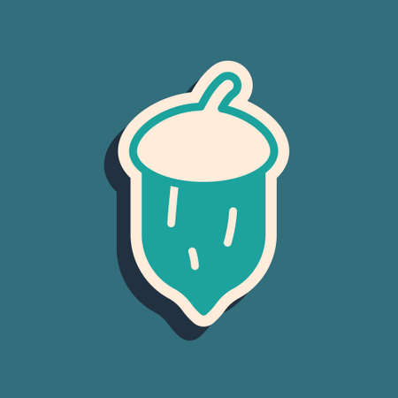 Green Acorn, oak nut, seed icon isolated on green background. Long shadow style. Vectorのイラスト素材