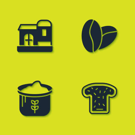 Set Farm house, Bread toast, Bag of flour and Coffee beans icon. Vectorのイラスト素材