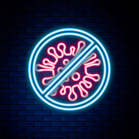 Glowing neon line Stop virus, bacteria, germs and microbe icon isolated on brick wall background. Antibacterial and antiviral defence, protection infection. Colorful outline concept. Vectorのイラスト素材