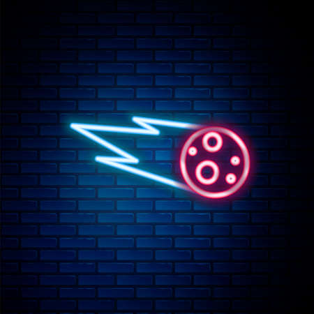 Glowing neon line Comet falling down fast icon isolated on brick wall background. Colorful outline concept. Vectorのイラスト素材