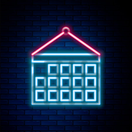 Glowing neon line Calendar icon isolated on brick wall background. Event reminder symbol. Colorful outline concept. Vectorのイラスト素材