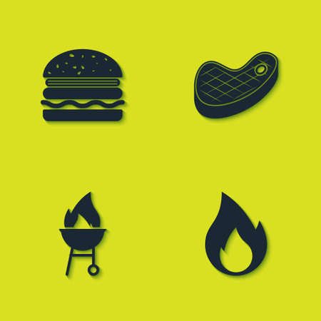 Set Burger, Fire flame, Barbecue grill and Steak meat icon. Vectorのイラスト素材