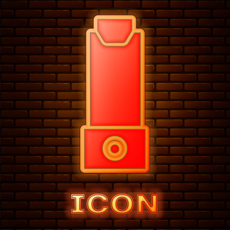 Glowing neon Inhaler icon isolated on brick wall background. Breather for cough relief, inhalation, allergic patient. Vector Illustrationのイラスト素材