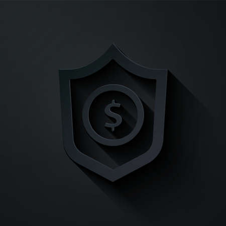 Paper cut Shield with dollar symbol icon isolated on black background. Security shield protection. Money security concept. Paper art style. Vector.のイラスト素材