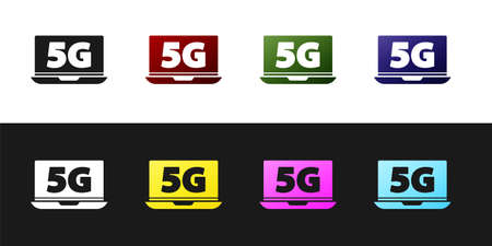 Set Laptop with 5G new wireless internet wifi icon isolated on black and white background. Global network high speed connection data rate technology. Vectorのイラスト素材