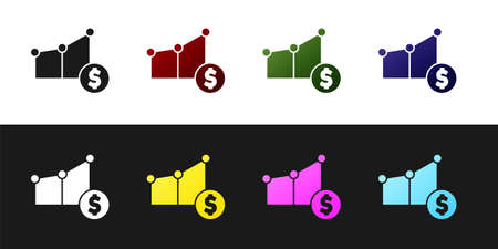 Set Graph chart infographic and dollar symbol icon isolated on black and white background. Diagram chart sign. Vectorのイラスト素材