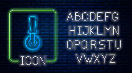 Glowing neon Pizza knife icon isolated on brick wall background. Pizza cutter sign. Steel kitchenware equipment. Neon light alphabet. Vectorのイラスト素材