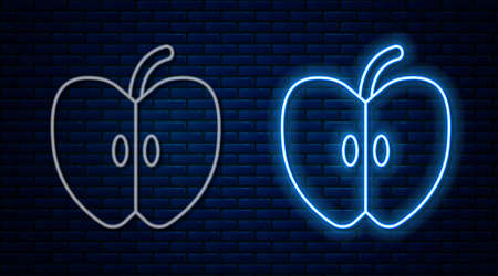 Glowing neon line Apple icon isolated on brick wall background. Fruit with leaf symbol. Vectorのイラスト素材