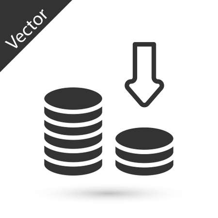 Grey Dollar rate decrease icon isolated on white background. Cost reduction. Money symbol with down arrow. Business lost crisis decrease. Vectorのイラスト素材