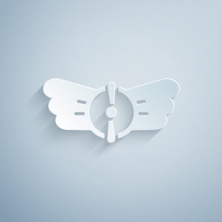Paper cut Aviation emblem icon isolated on grey background. Military and civil aviation icons. Flying emblem, eagle bird wing and winged frame. Paper art style. Vectorのイラスト素材