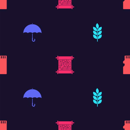 Set Wheat, Umbrella, Paper scroll and Micro SD memory card on seamless pattern. Vectorのイラスト素材