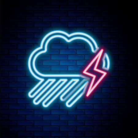 Glowing neon line Cloud with rain and lightning icon isolated on brick wall background. Rain cloud precipitation with rain drops.Weather icon of storm. Colorful outline concept. Vectorのイラスト素材