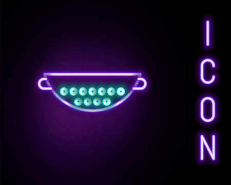 Glowing neon line Kitchen colander icon isolated on black background. Cooking utensil. Cutlery sign. Colorful outline concept. Vectorのイラスト素材