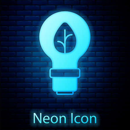 Glowing neon Light bulb with leaf icon isolated on brick wall background. Eco energy concept. Alternative energy concept. Vectorのイラスト素材