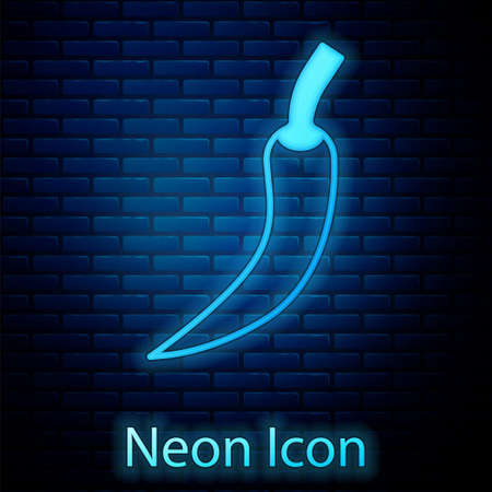 Glowing neon Hot chili pepper pod icon isolated on brick wall background. Design for grocery, culinary products, seasoning and spice package, cooking book. Vectorのイラスト素材