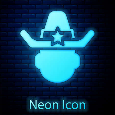Glowing neon Sheriff cowboy hat with star badge icon isolated on brick wall background. Police officer. Vectorのイラスト素材