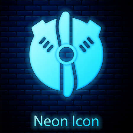 Glowing neon Plane propeller icon isolated on brick wall background. Vintage aircraft propeller. Vectorのイラスト素材