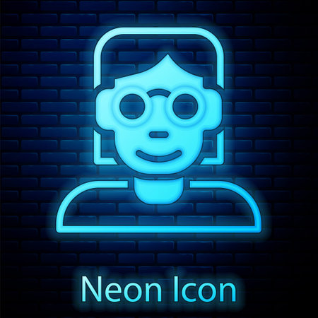Glowing neon Hacker or coder icon isolated on brick wall background. Programmer developer working on code, coding, testing, debugging, analysing. Vectorのイラスト素材