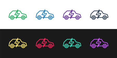 Set line Electric car and electrical cable plug charging icon isolated on black and white background. Renewable eco technologies. Vectorのイラスト素材