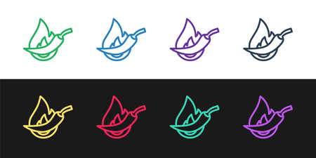 Set line Hot chili pepper pod icon isolated on black and white background. Design for grocery, culinary products, seasoning and spice package, cooking book. Vectorのイラスト素材