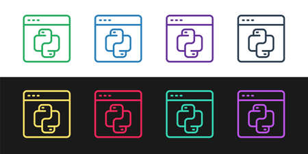 Set line Python programming language icon isolated on black and white background. Python coding language sign on browser. Device, programming, developing concept. Vectorのイラスト素材