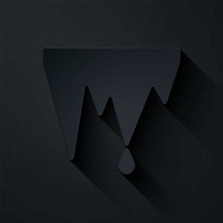 Paper cut Icicle icon isolated on black background. Stalactite, ice spikes. Winter weather, snow crystals. Paper art style. Vector Illustrationのイラスト素材